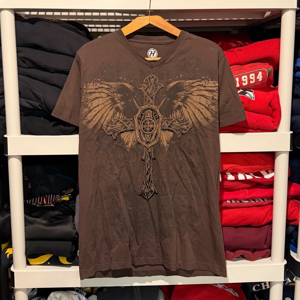 Vintage Y2K Cross Grunge Skater Brown Mens Shirt